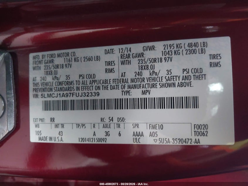 LINCOLN MKC 2015 VIN 5LMCJ1A97FUJ32339