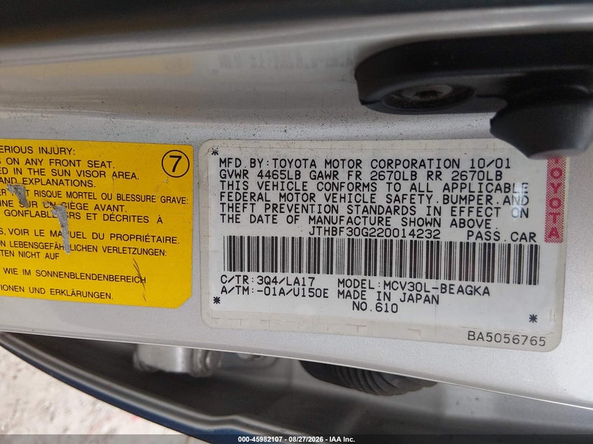 LEXUS ES 300 2002 VIN JTHBF30G220014232