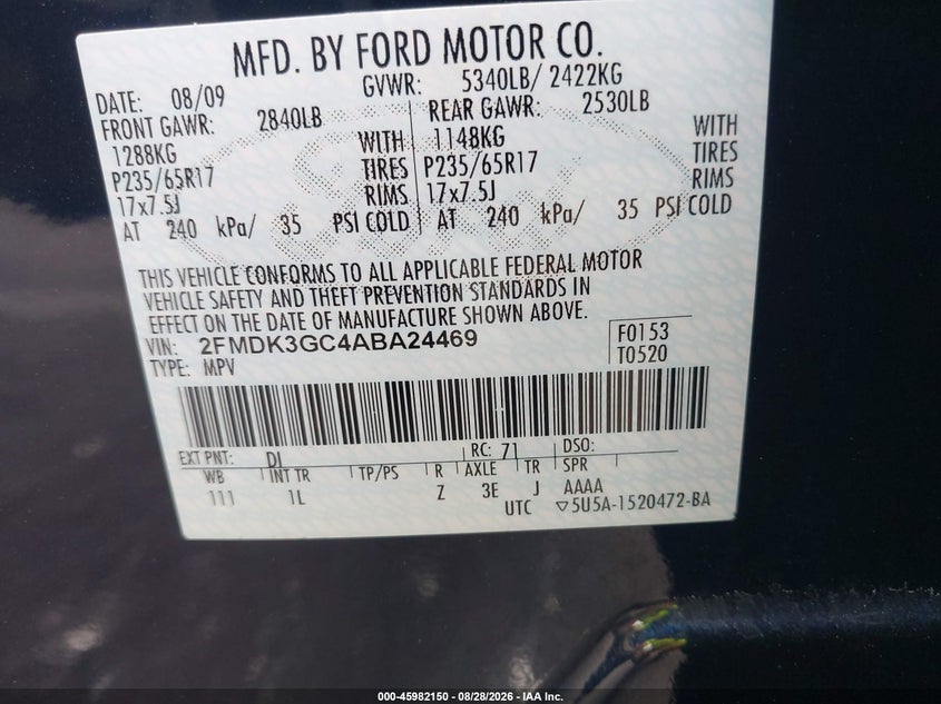 2010 FORD EDGE SPORT UTILITY VEHICLE 3.5L V-6 DOHC, VVT, REGULAR , 285HP