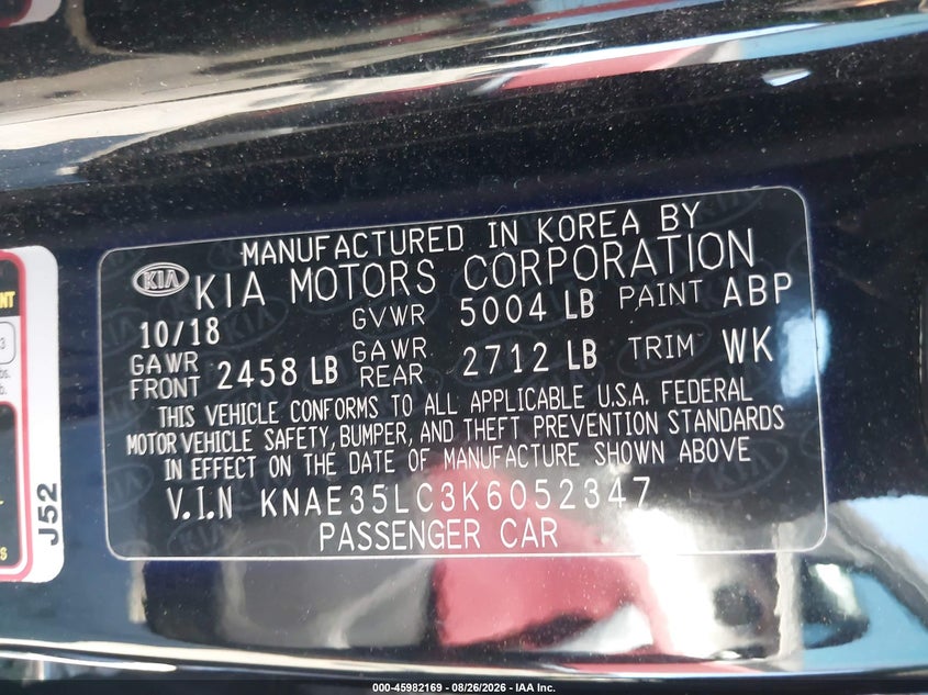 KIA STINGER 2019 VIN KNAE35LC3K6052347
