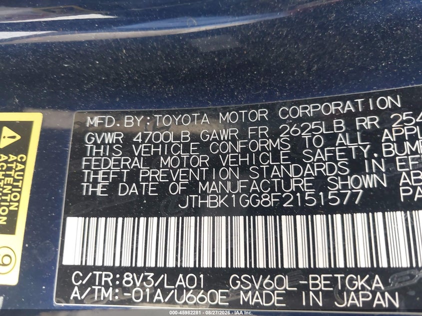 LEXUS ES 350 2015 VIN JTHBK1GG8F2151577