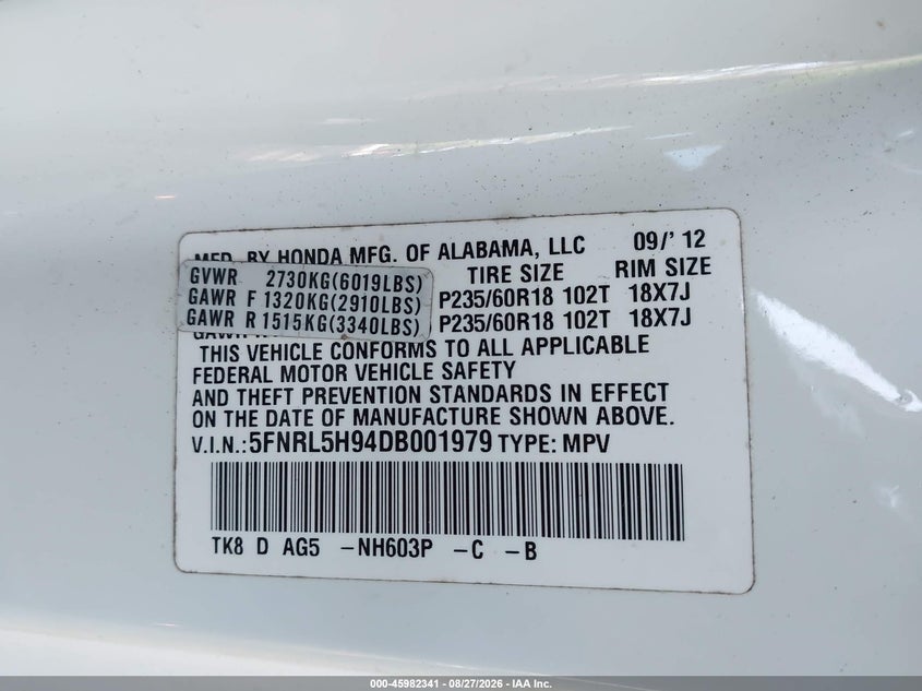 HONDA ODYSSEY 2013 VIN 5FNRL5H94DB001979