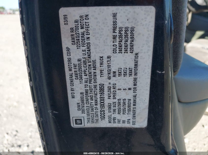 CHEVROLET S-10 1999 VIN 1GCCS19XXX8160850