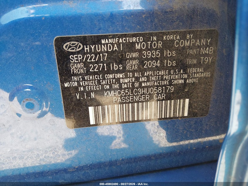 HYUNDAI IONIQ HYBRID 2017 VIN KMHC65LC3HU058179