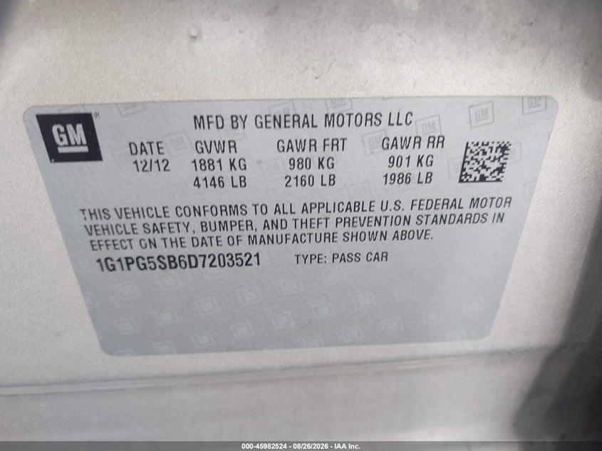 CHEVROLET CRUZE 2013 VIN 1G1PG5SB6D7203521