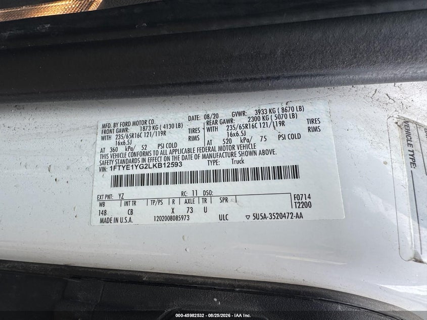 FORD TRANSIT-150 2020 VIN 1FTYE1YG2LKB12593