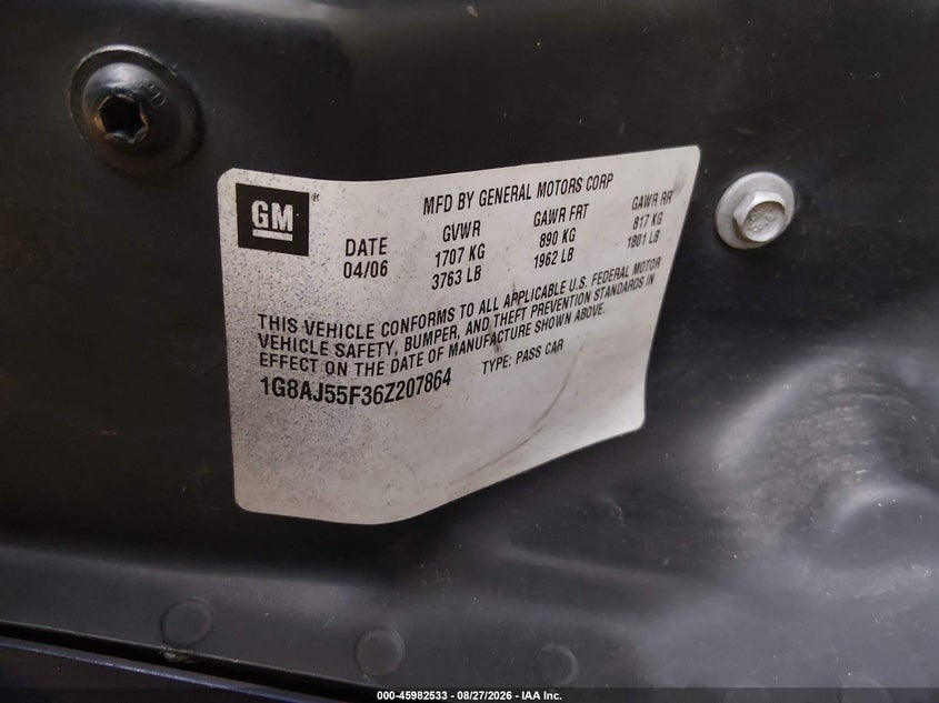 SATURN ION 2006 VIN 1G8AJ55F36Z207864
