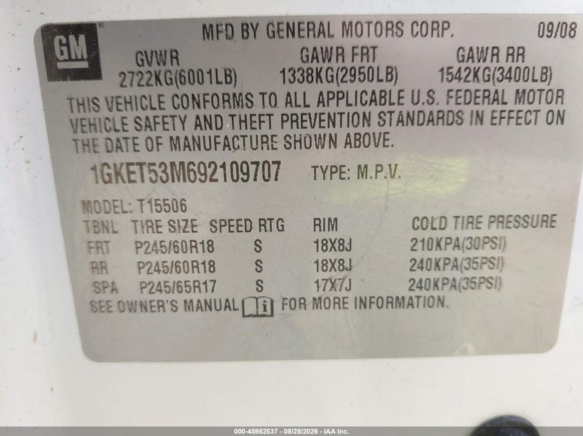 GMC ENVOY 2009 VIN 1GKET53M692109707