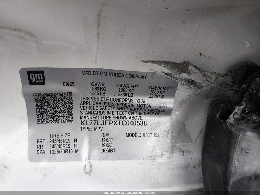 CHEVROLET TRAX 2026 VIN KL77LJEPXTC040538