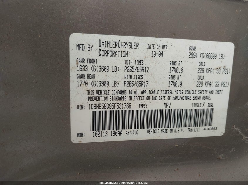 DODGE DURANGO 2005 VIN 1D8HB58D95F531768