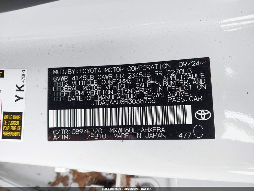 TOYOTA PRIUS 2024 VIN JTDACAAU8R3038736
