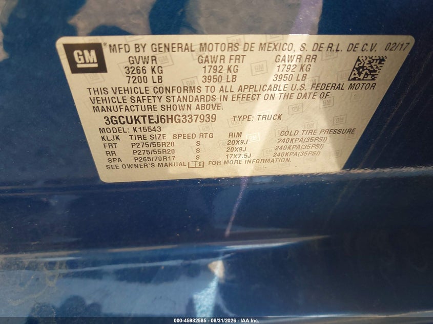 CHEVROLET SILVERADO 1500 2017 VIN 3GCUKTEJ6HG337939