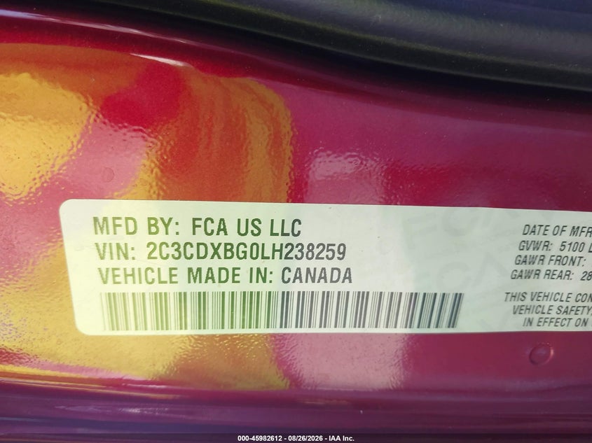 DODGE CHARGER 2020 VIN 2C3CDXBG0LH238259