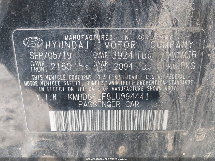HYUNDAI ELANTRA 2020 VIN KMHD84LF8LU994441