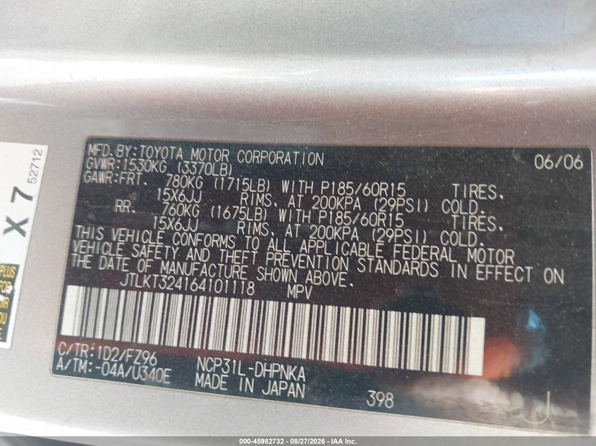 SCION XB 2006 VIN JTLKT324164101118