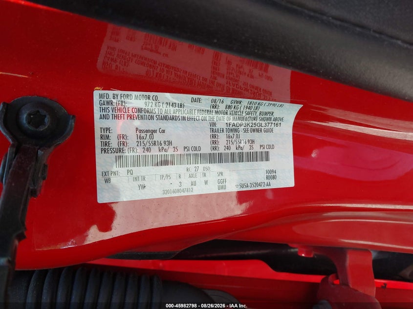 FORD FOCUS 2016 VIN 1FADP3K25GL377161