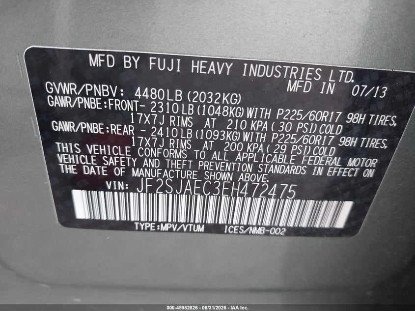 SUBARU FORESTER 2014 VIN JF2SJAEC3EH472475