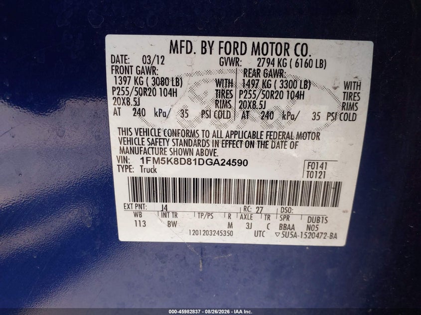 FORD EXPLORER 2013 VIN 1FM5K8D81DGA24590