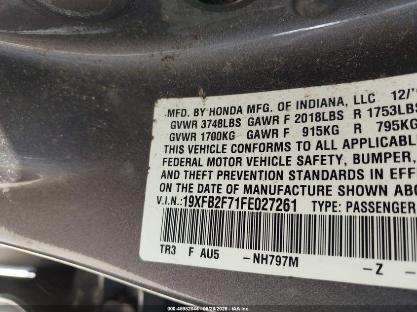 2015 HONDA CIVIC SEDAN 1.8L I-4 VVT, REGULAR , 143HP