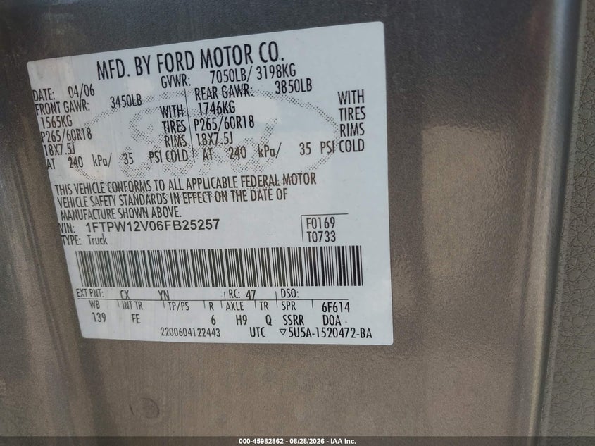 FORD F-150 2006 VIN 1FTPW12V06FB25257