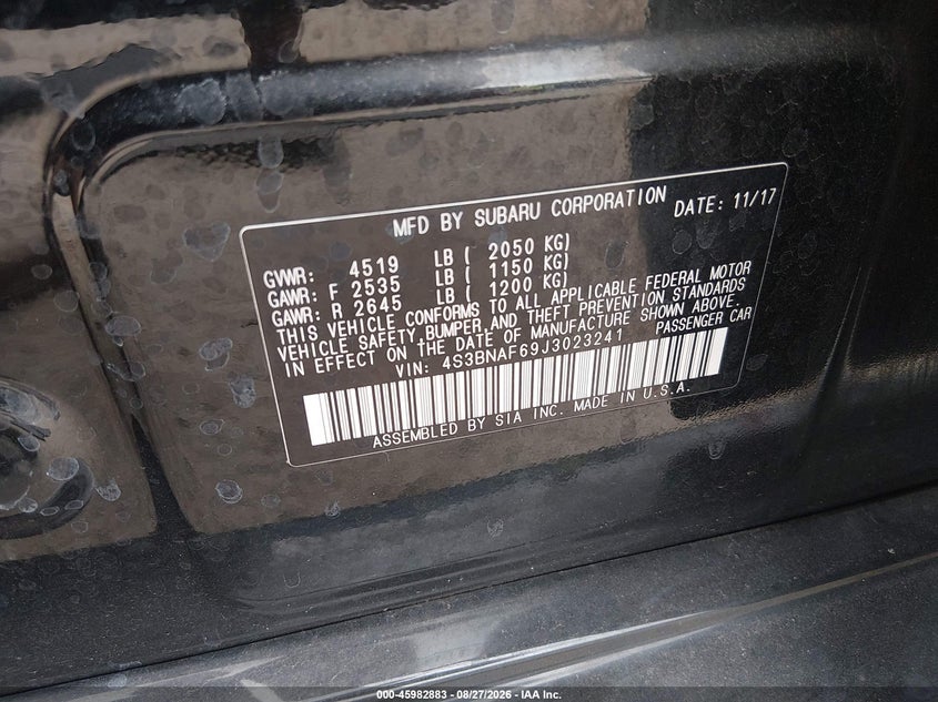 SUBARU LEGACY 2018 VIN 4S3BNAF69J3023241