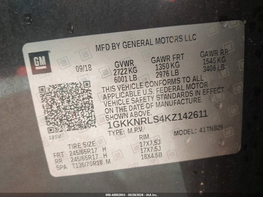 GMC ACADIA 2019 VIN 1GKKNRLS4KZ142611