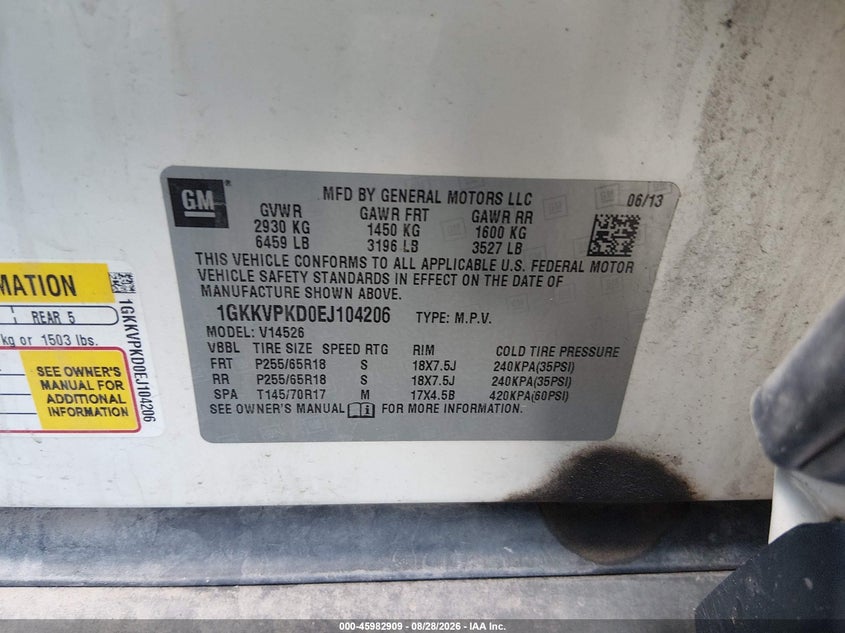 GMC ACADIA 2014 VIN 1GKKVPKD0EJ104206