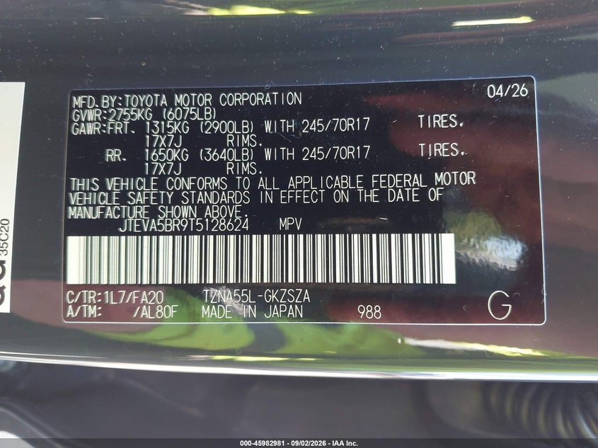 TOYOTA 4RUNNER 2026 VIN JTEVA5BR9T5128624