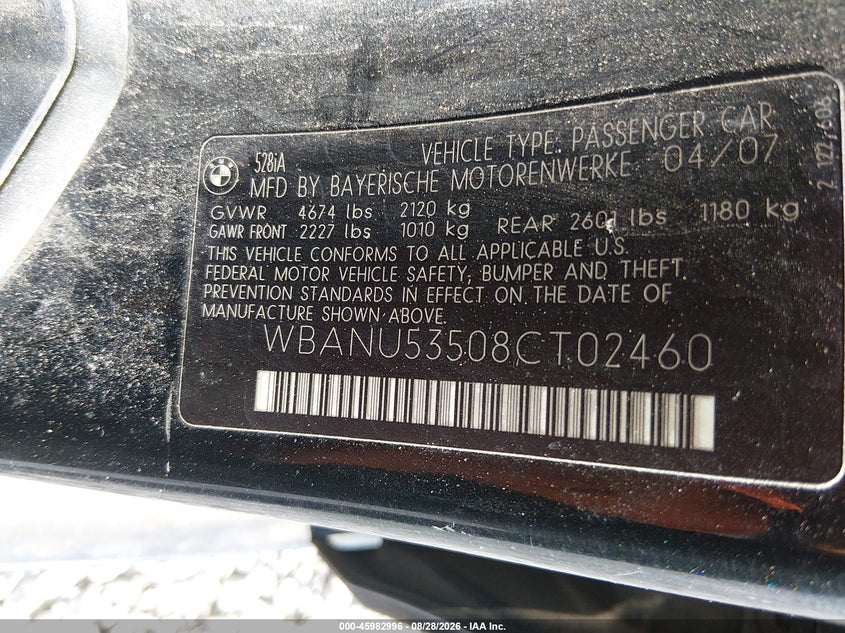 BMW 528I 2008 VIN WBANU53508CT02460