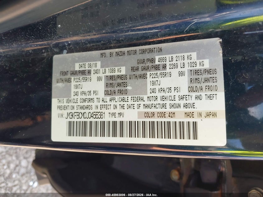 MAZDA CX-5 2018 VIN JM3KFBCM0J0456381