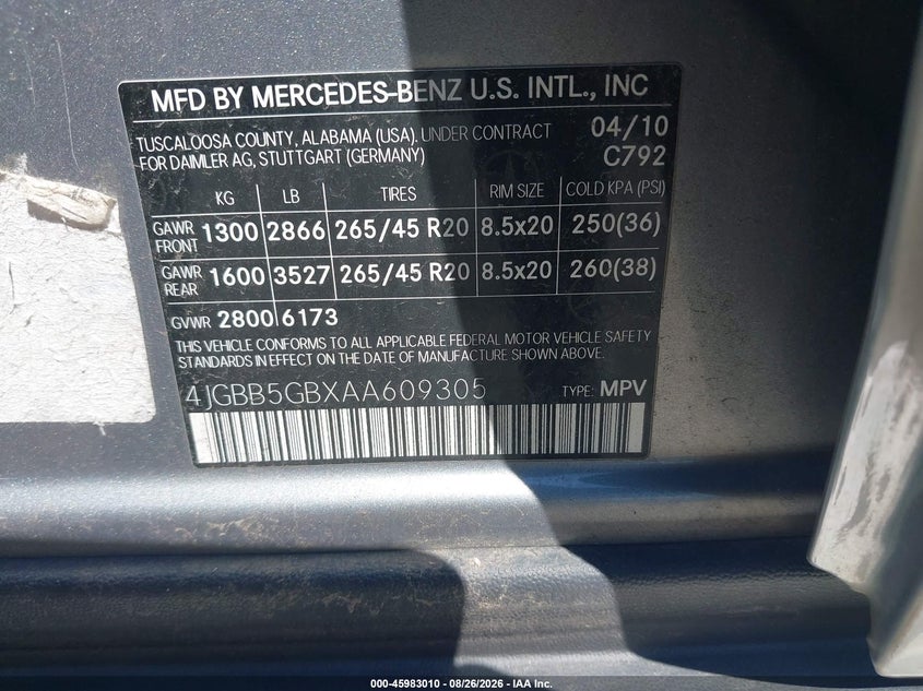 MERCEDES-BENZ ML 350 2010 VIN 4JGBB5GBXAA609305