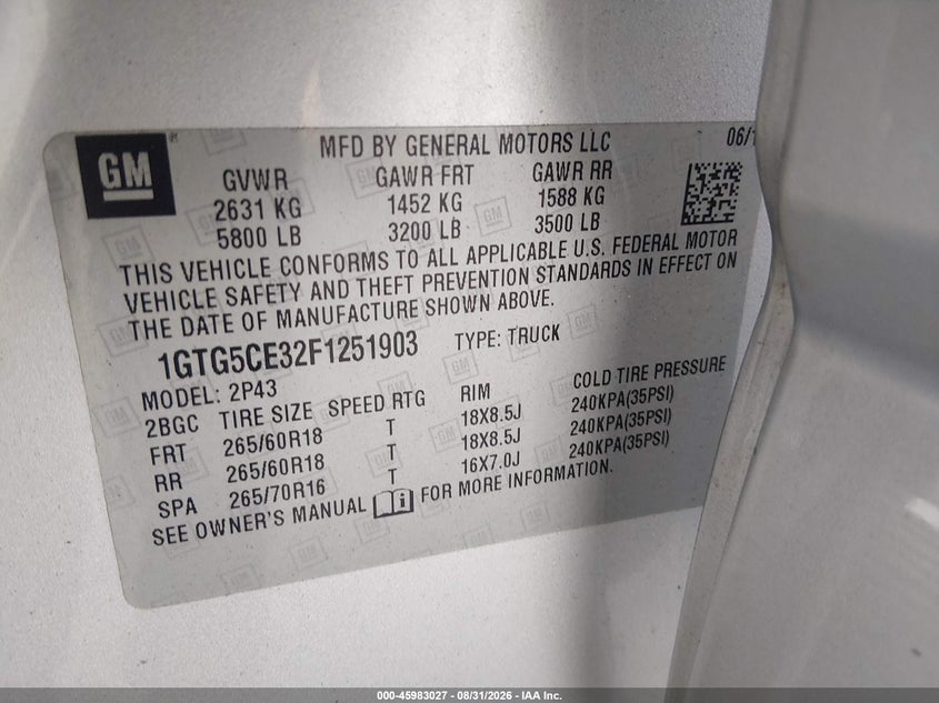 GMC CANYON 2015 VIN 1GTG5CE32F1251903