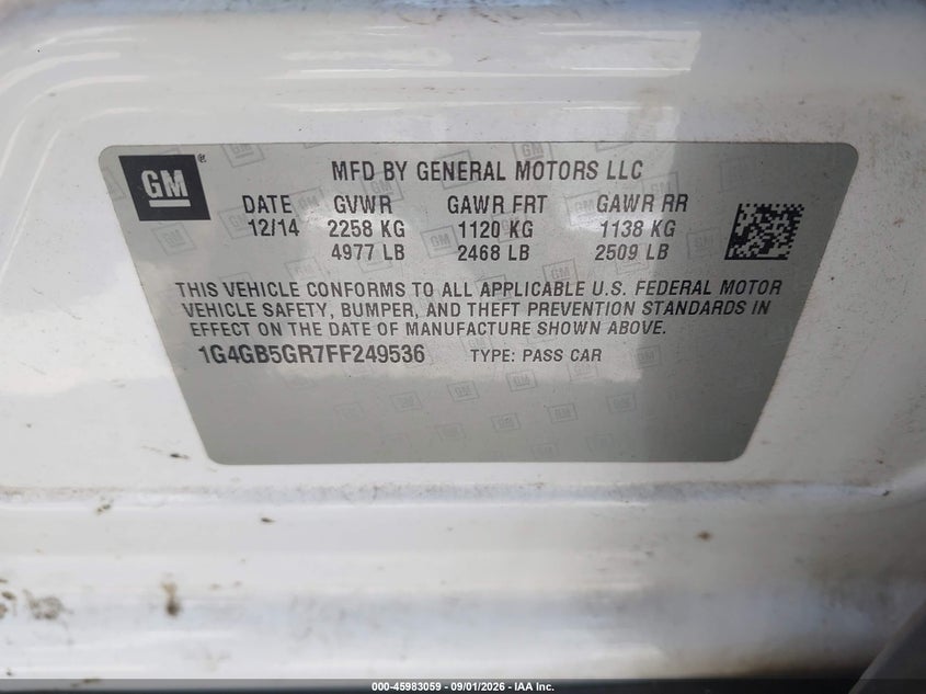 2015 BUICK LACROSSE SEDAN 2.4L I-4 DI, DOHC, VVT, REGULAR , 182HP