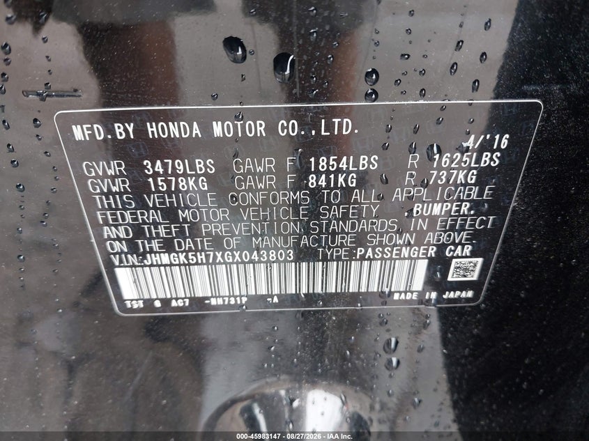 HONDA FIT 2016 VIN JHMGK5H7XGX043803