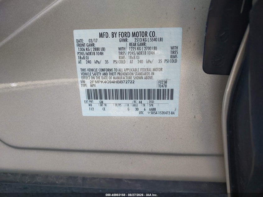 FORD EDGE 2017 VIN 2FMPK4G94HBB72722