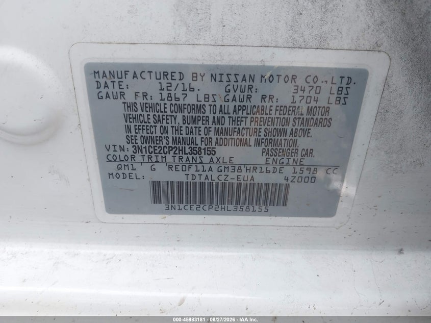 NISSAN VERSA NOTE 2017 VIN 3N1CE2CP2HL358155