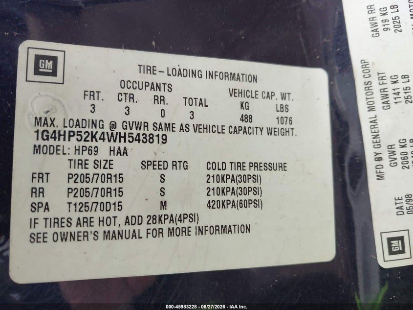 BUICK LESABRE 1998 VIN 1G4HP52K4WH543819