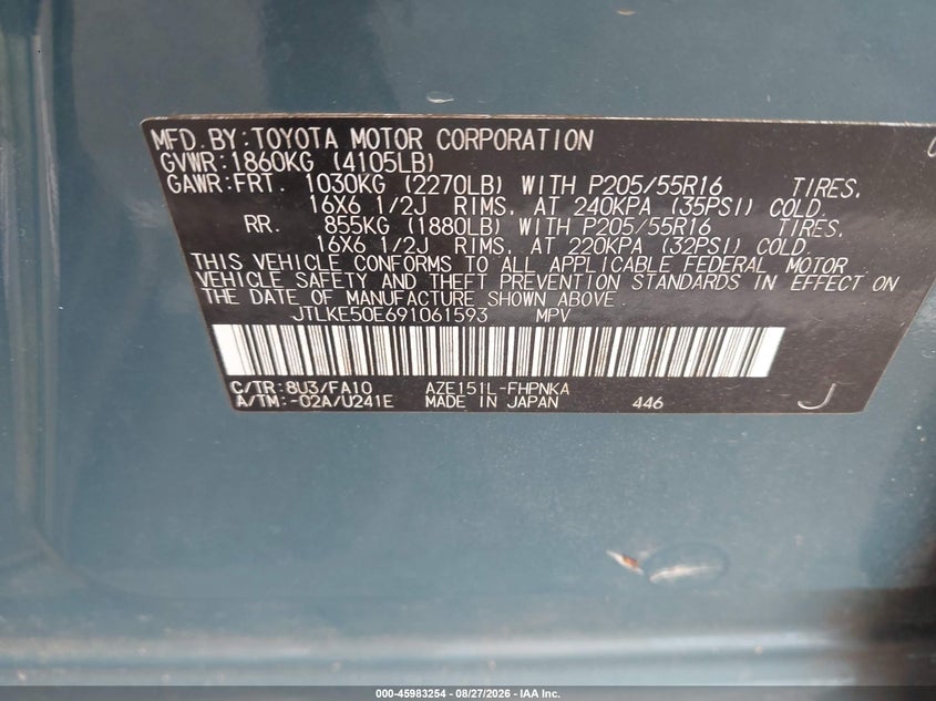 SCION XB 2009 VIN JTLKE50E691061593