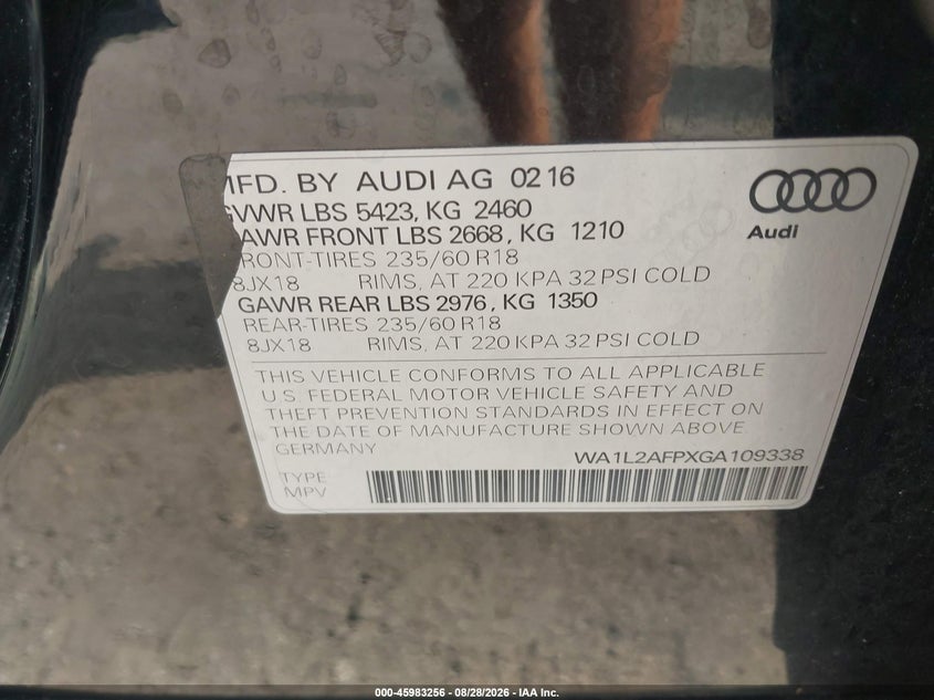 AUDI Q5 2016 VIN WA1L2AFPXGA109338