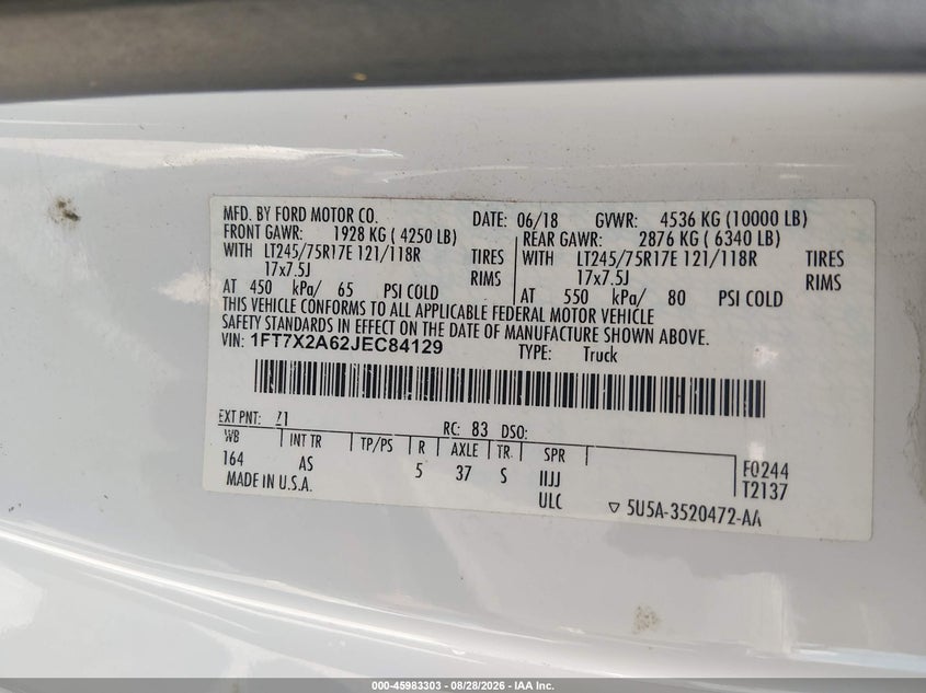 2018 FORD F250 PICKUP 6.2L V-8 VVT, REGULAR , 385HP
