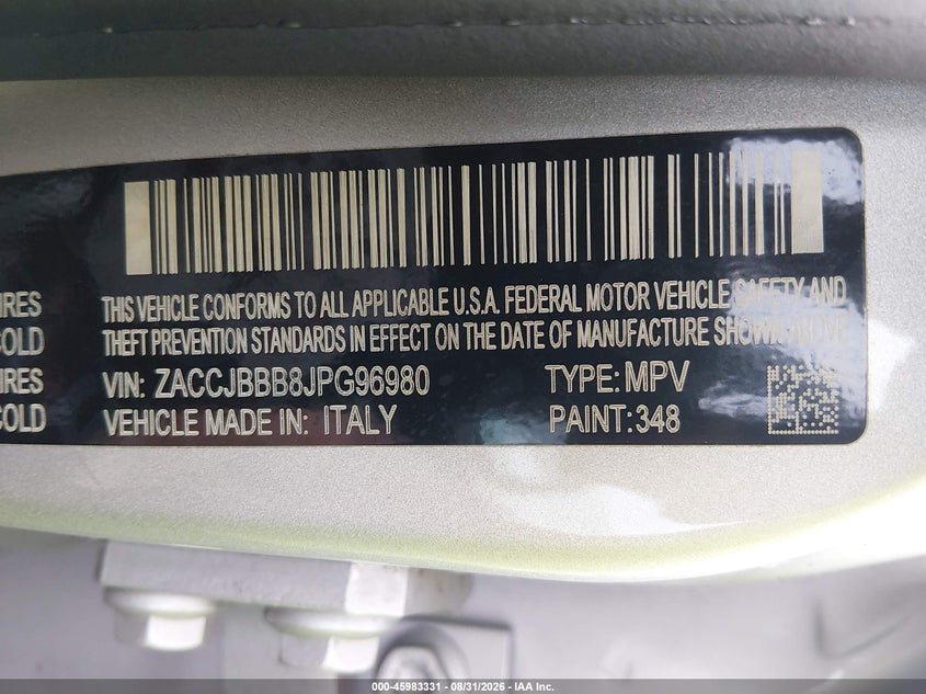 JEEP RENEGADE 2018 VIN ZACCJBBB8JPG96980