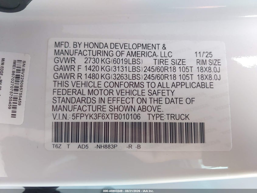 HONDA RIDGELINE 2026 VIN 5FPYK3F6XTB010106