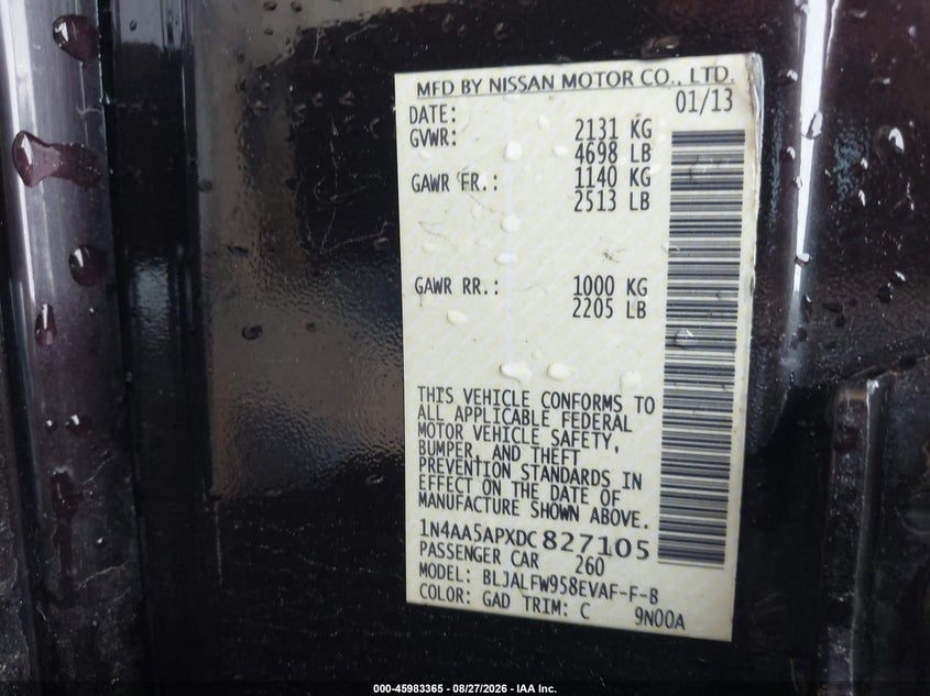 NISSAN MAXIMA 2013 VIN 1N4AA5APXDC827105