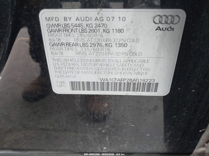 2011 AUDI Q5 SPORT UTILITY VEHICLE 2.0L I-4 DI, DOHC, VVT, TURBO, 211HP