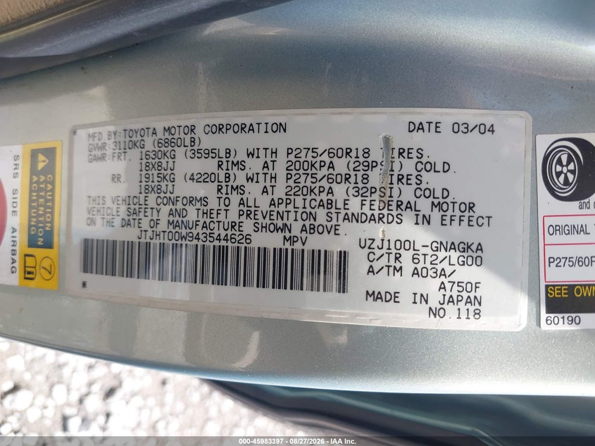 LEXUS LX 470 2004 VIN JTJHT00W943544626