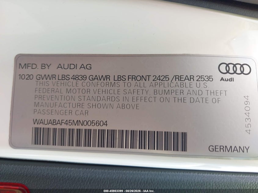 AUDI A4 2021 VIN WAUABAF45MN005604
