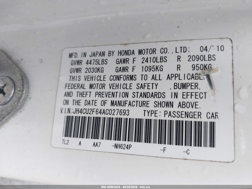 ACURA TSX 2010 VIN JH4CU2F64AC027693