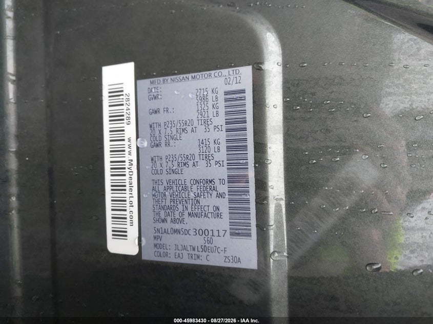 INFINITI JX35 2013 VIN 5N1AL0MN5DC300117