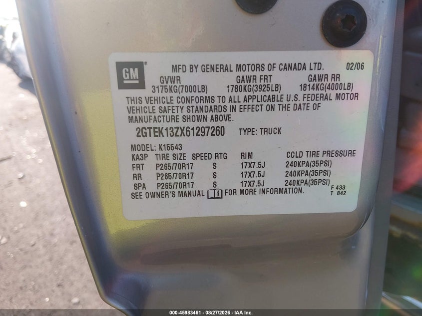 GMC SIERRA 1500 2006 VIN 2GTEK13ZX61297260