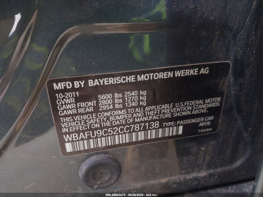 BMW 550I 2012 VIN WBAFU9C52CC787138